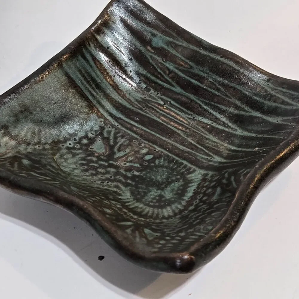 Art Pottery Sauce/ Ring/ Chopstick Holders x4‎ Art Pottery Abstract Green rustic